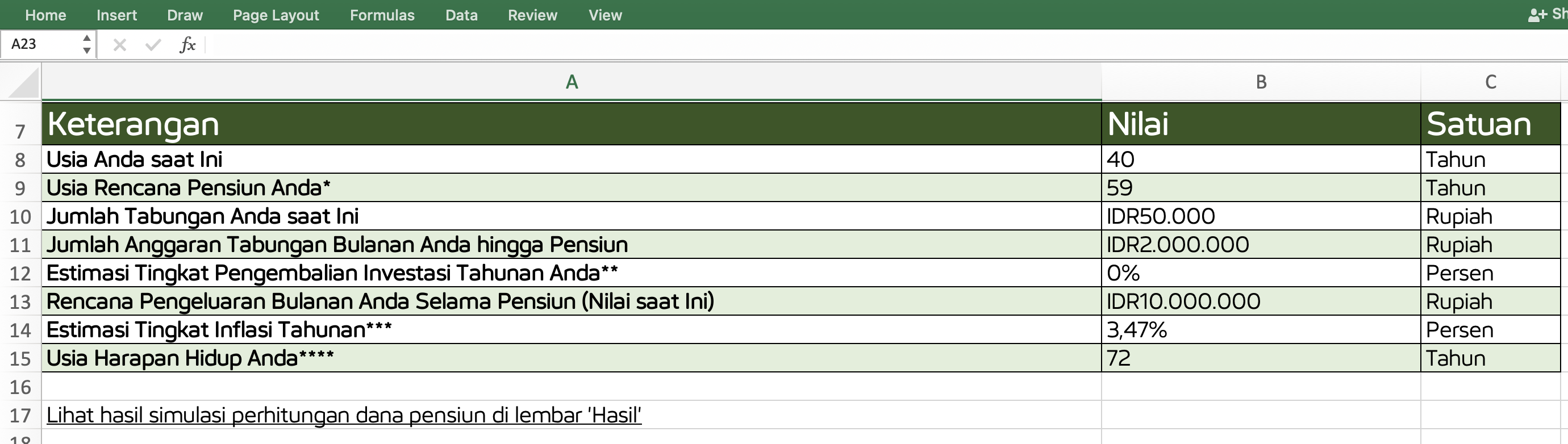 Screenshot Kalkulator Dana Pensiun